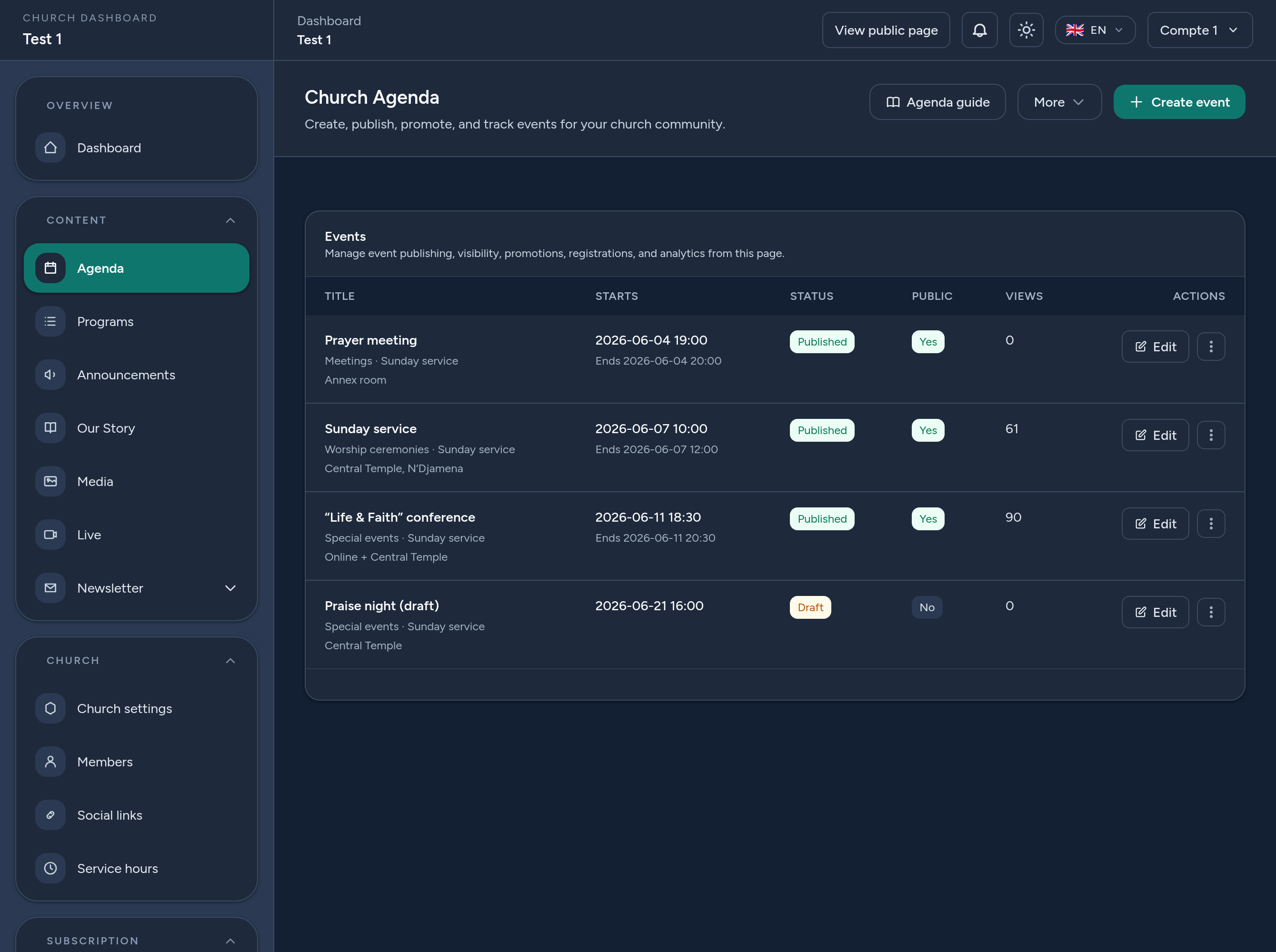 Dashboard → Agenda: Ihre Veranstaltungen, ihr Status und die Schaltfläche „Veranstaltung erstellen“.
