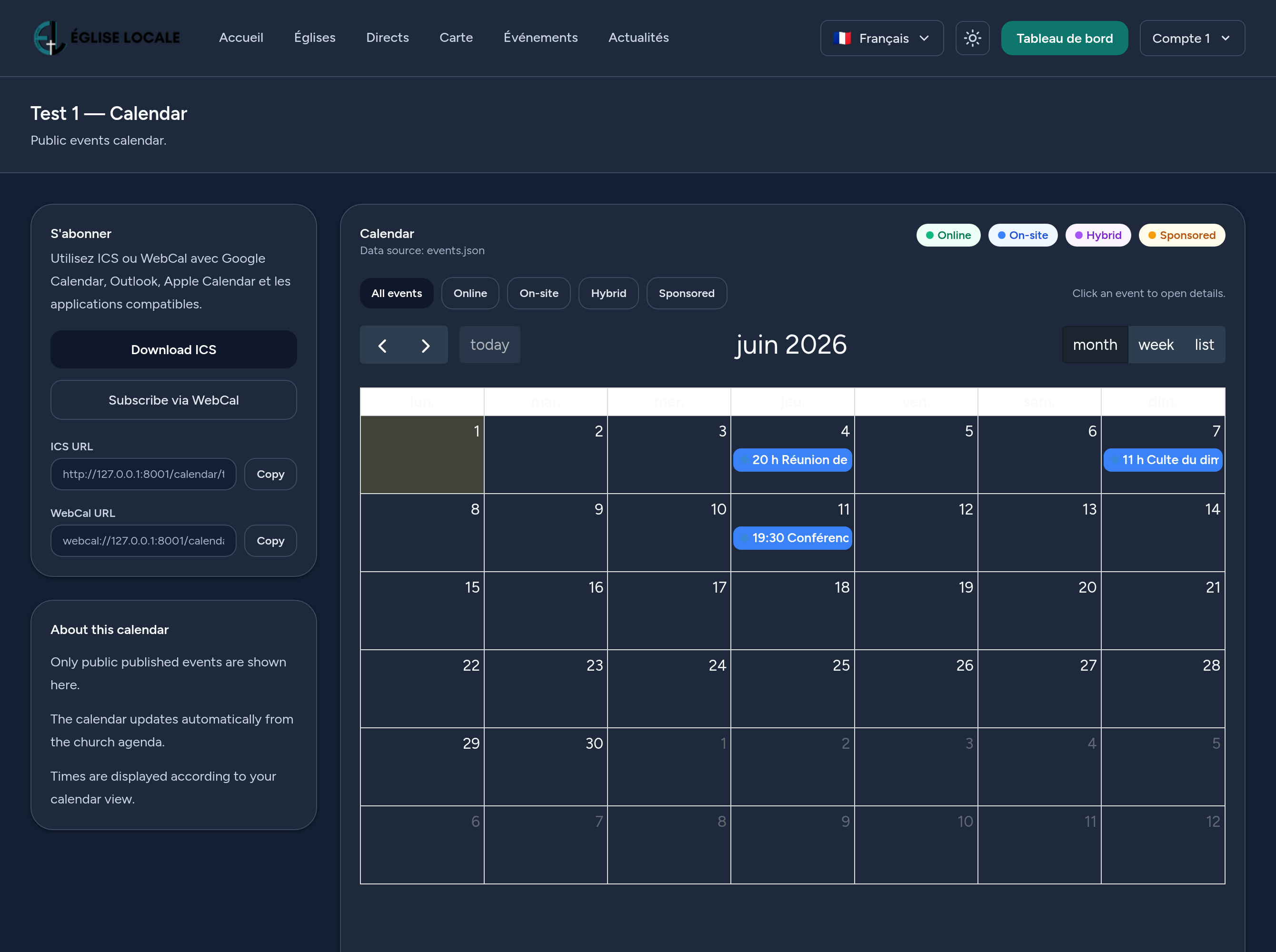 Öffentlicher Kalender, mit Abo über ICS / WebCal.