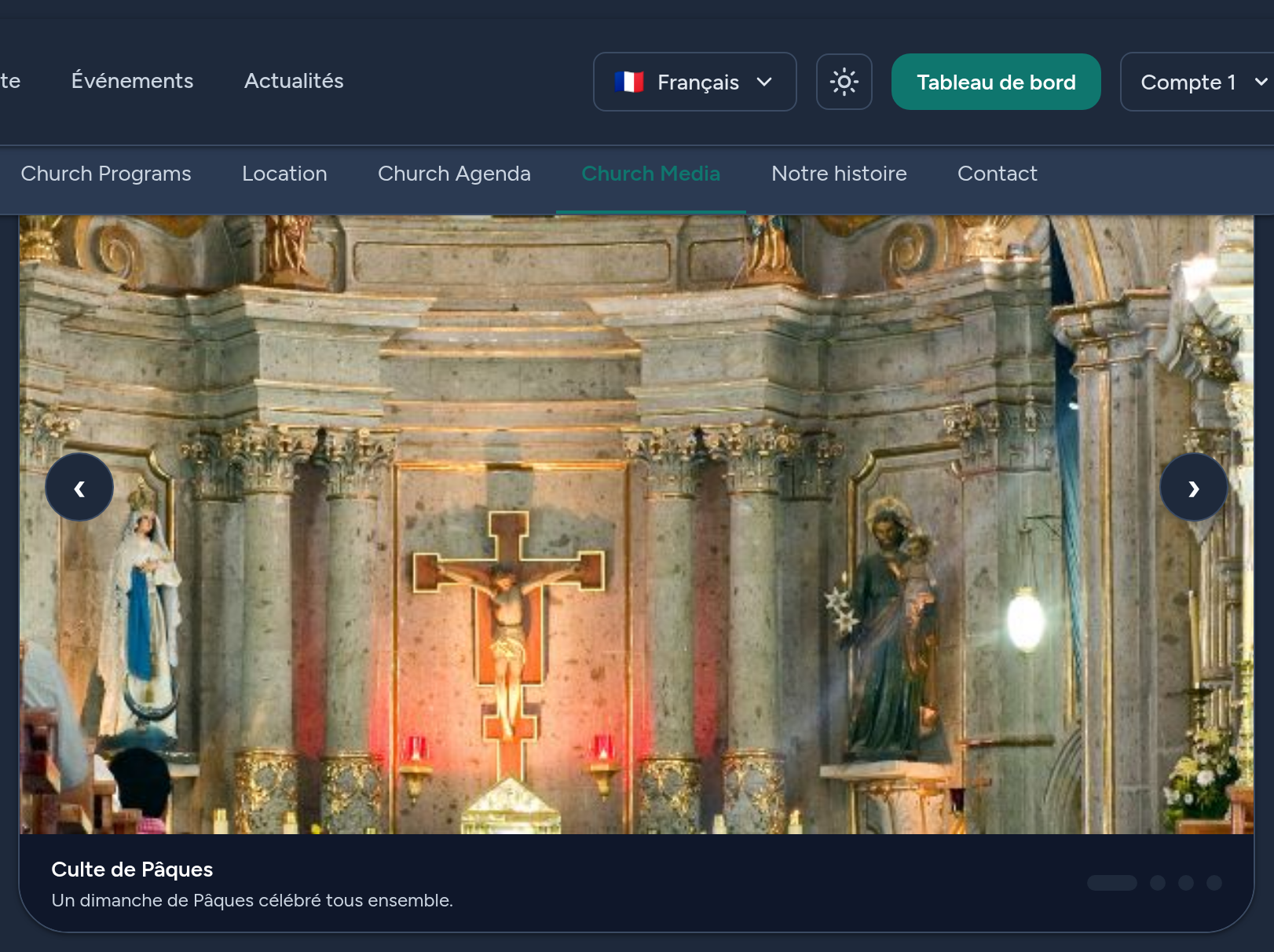 Medien auf Ihrer öffentlichen Kirchenseite — ein elegantes Karussell mit Bildunterschriften; Videos werden direkt abgespielt. In der Sprache jedes Besuchers.