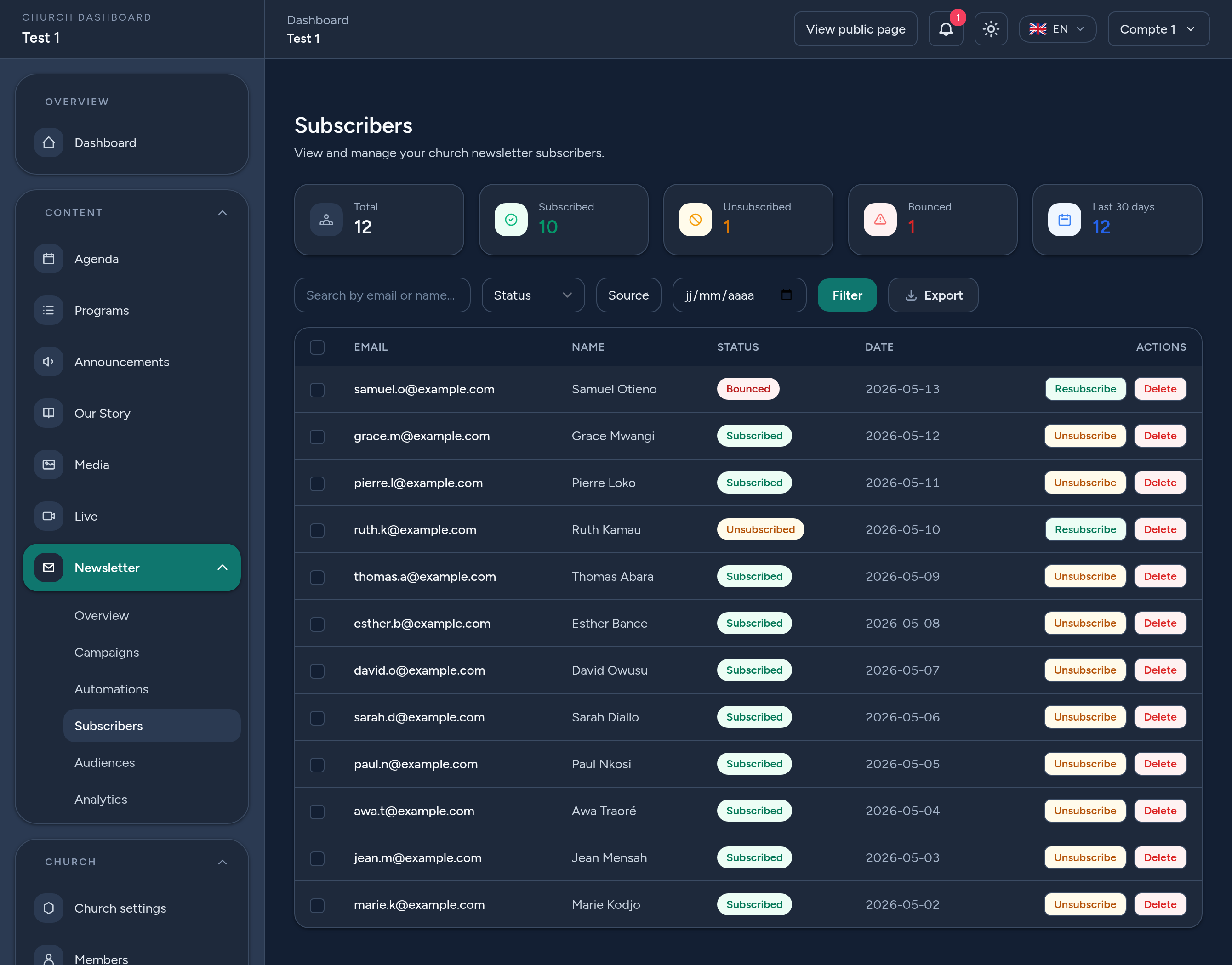 Abonnenten: Zähler nach Status, Suche und Filter, CSV-Export und Aktionen je Abonnent.