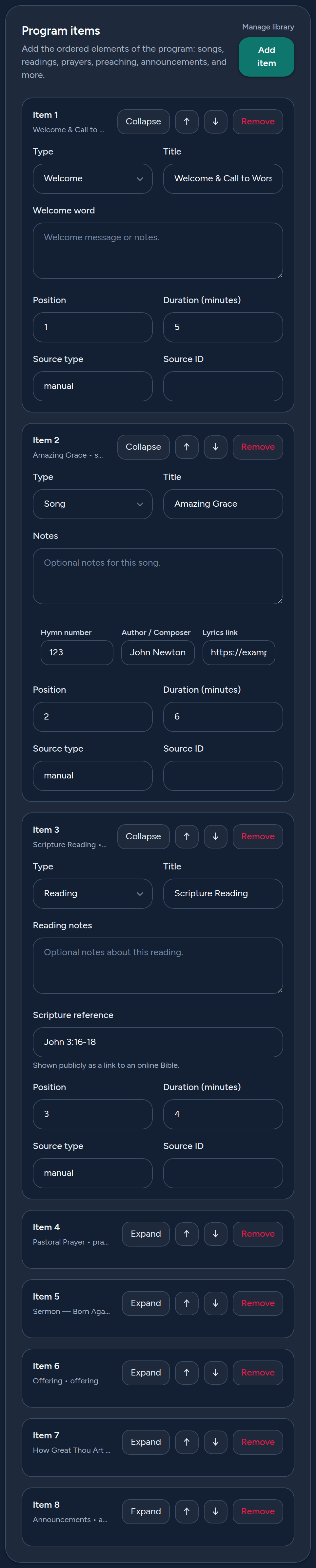 The order of service with contextual item fields