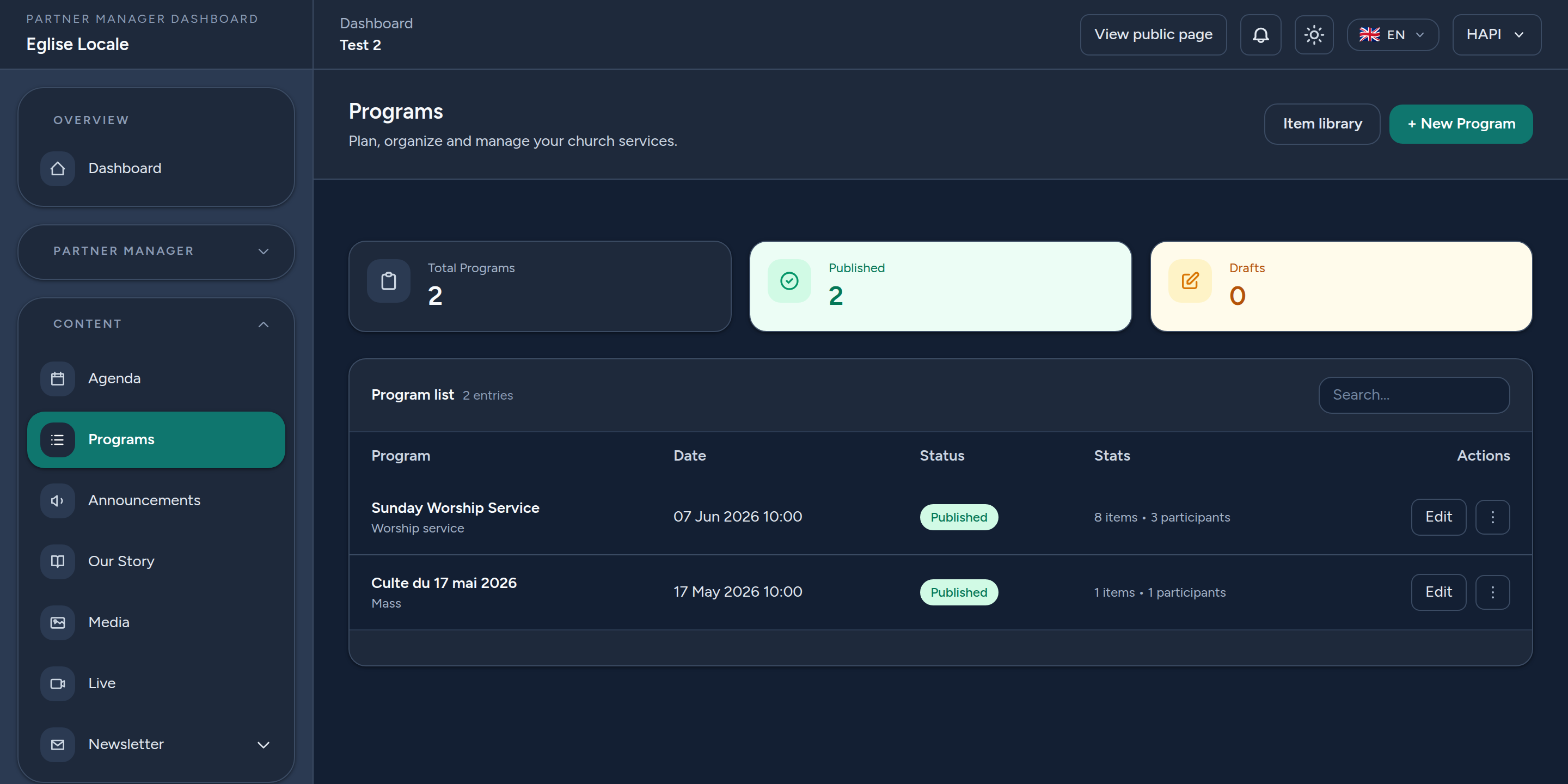 The Programs list in the dashboard